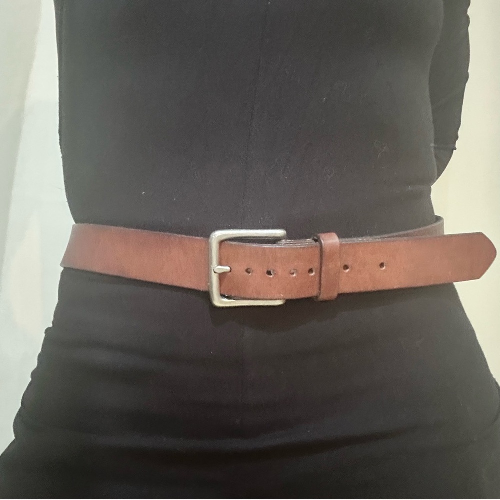 LL Bean Brown Full Grain Leather Belt, Solid Brass Buckle Size 38